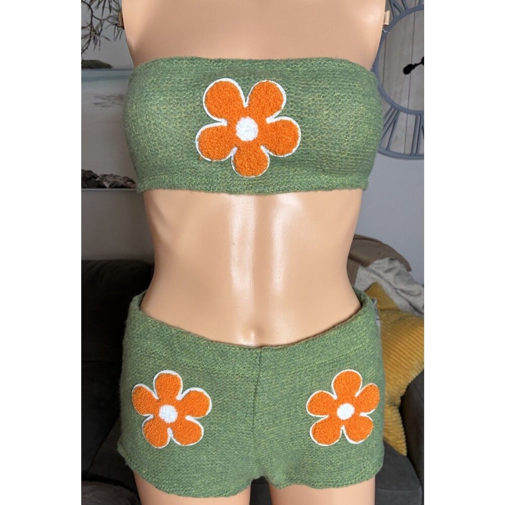 SHEIN ICON Floral Pattern Backless Knot Tube Top & Shorts M Festival Concert